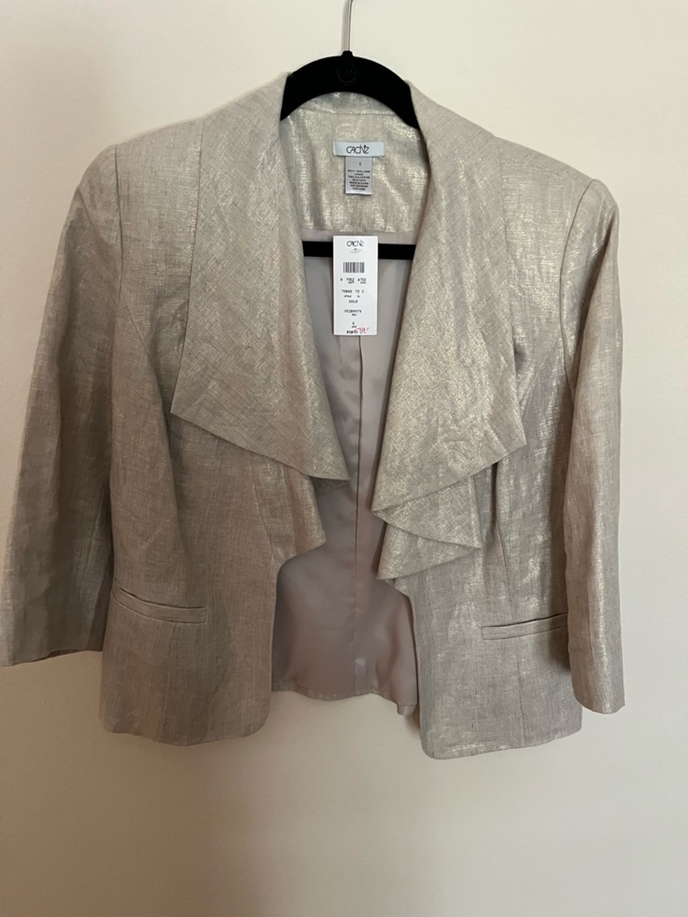 Cache Shimmery Beige Open-Front Ruffle Blazer